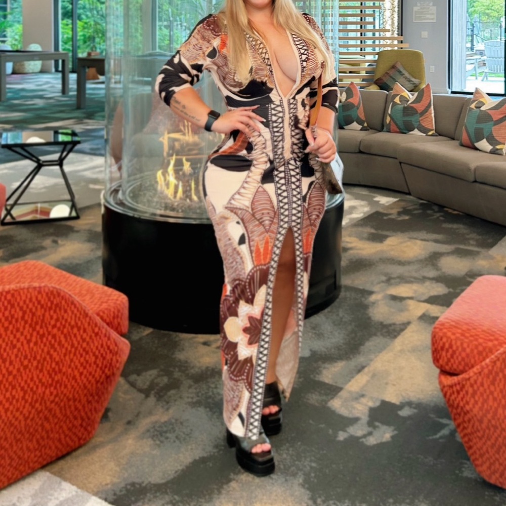 Elegant Brown and Cream Patterned Dress